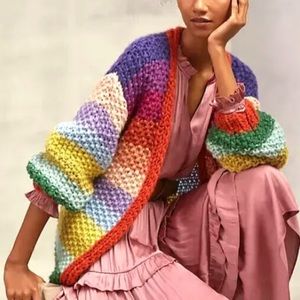 Anthropologie FRNCH Rainbow Chunky Knit Cardigan Sweater, Size One Size